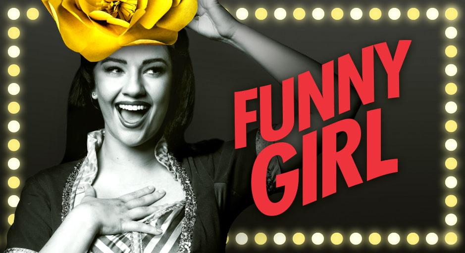 A smiling girl holds a flower hat to her head with the title Funny Girl to the side