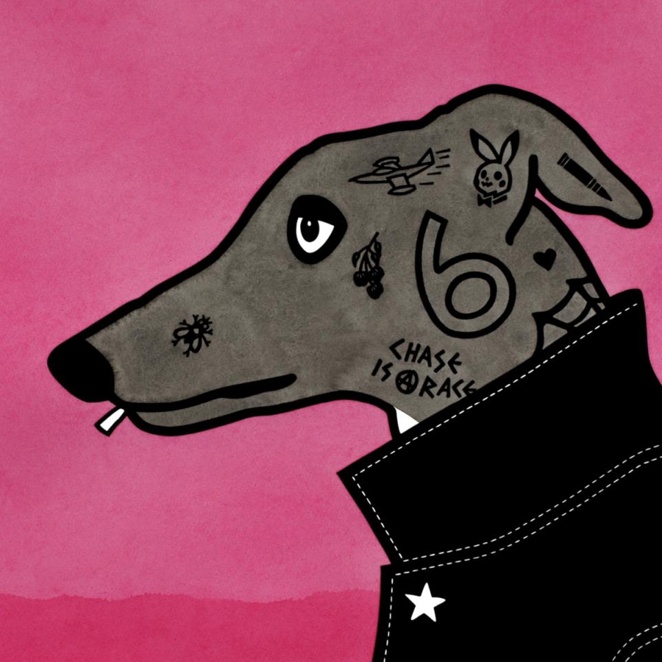 Artist rendering of a personified grey hound against a pink background